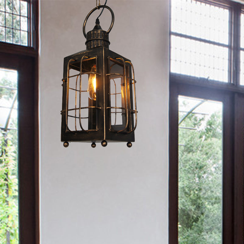 Brass Rectangle Pendant Light - Warehouse Style - 1-Light - Clear Glass/Iron - Hanging Ceiling Light - Wire Frame