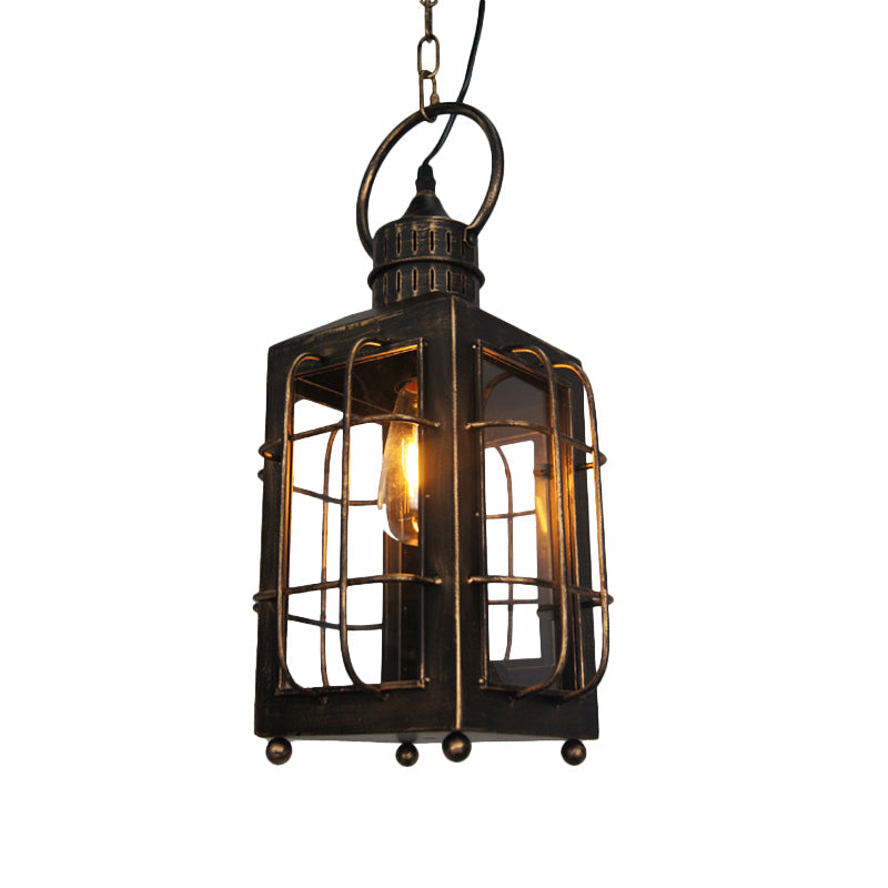 Brass Rectangle Pendant Light - Warehouse Style - 1-Light - Clear Glass/Iron - Hanging Ceiling Light - Wire Frame