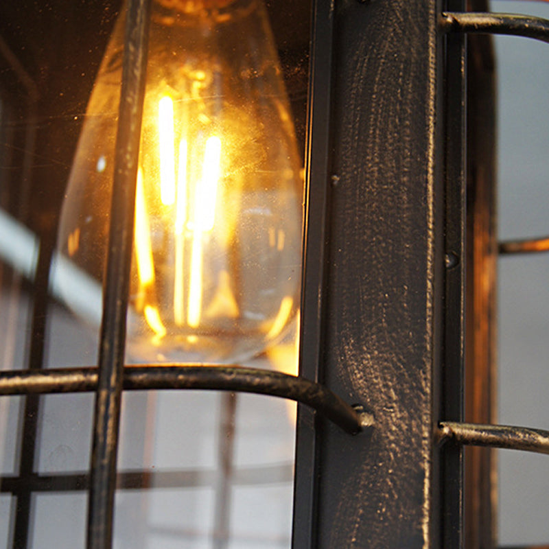 Brass Rectangle Pendant Light - Warehouse Style - 1-Light - Clear Glass/Iron - Hanging Ceiling Light - Wire Frame