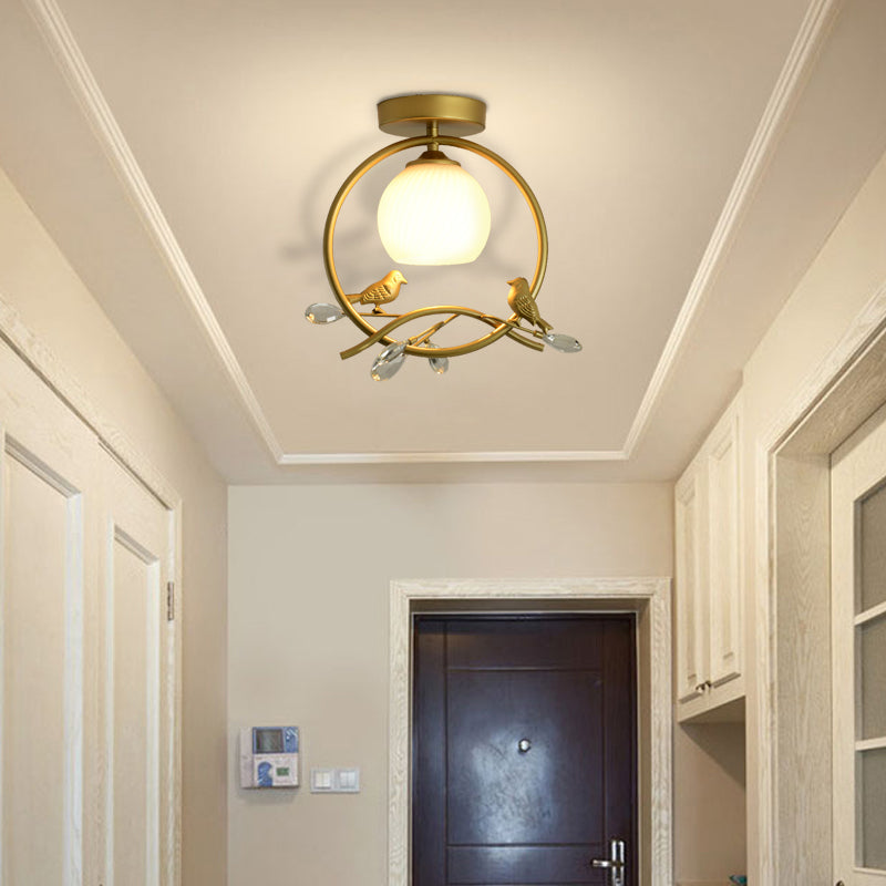 Modern Gold Metal Ring Flush Mount with Glass Dome Lampshade and 1 Bulb