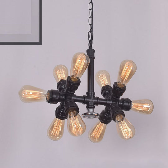 Farmhouse Style 10-Head Black Pendant Lamp with Exposed Bulbs and Sputnik Design