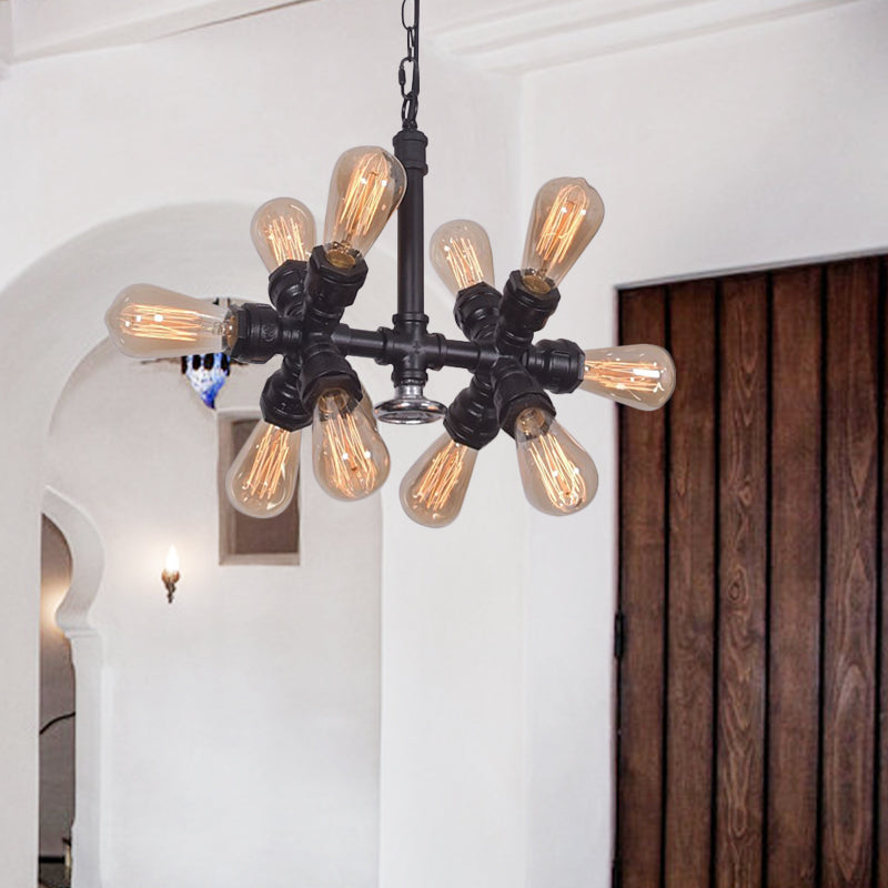 Farmhouse Style 10-Head Black Pendant Lamp with Exposed Bulbs and Sputnik Design