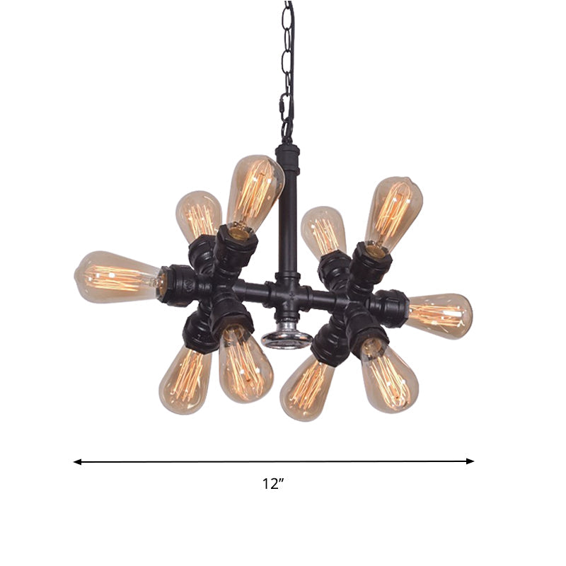 Farmhouse Style 10-Head Black Pendant Lamp with Exposed Bulbs and Sputnik Design