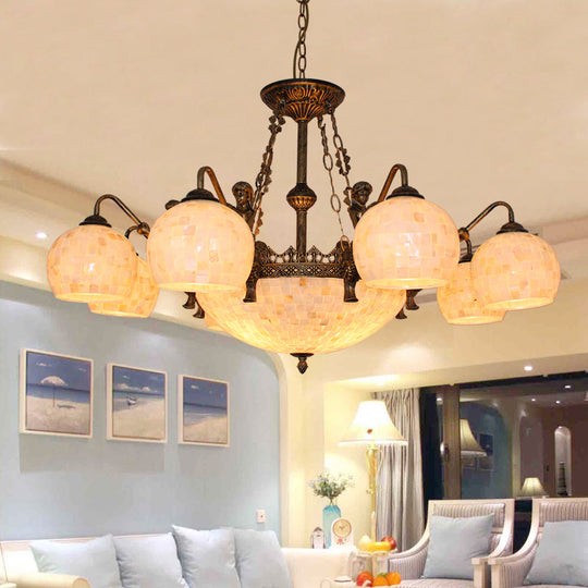 Bronze Spherical Shell Tiffany-Style Chandelier - 5/9/11-Light Suspension Ceiling Lighting