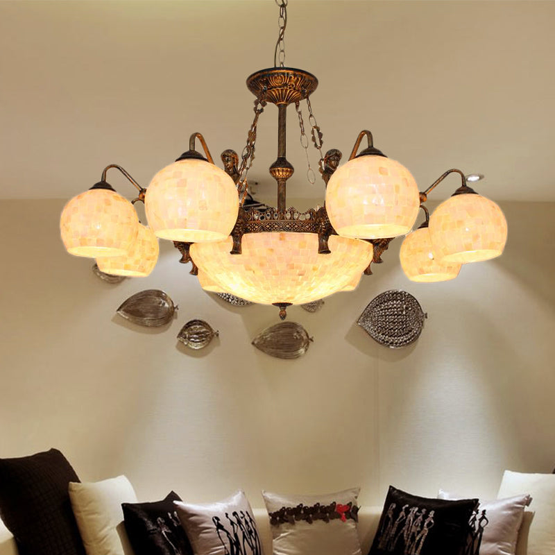 Bronze Spherical Shell Tiffany-Style Chandelier - 5/9/11-Light Suspension Ceiling Lighting