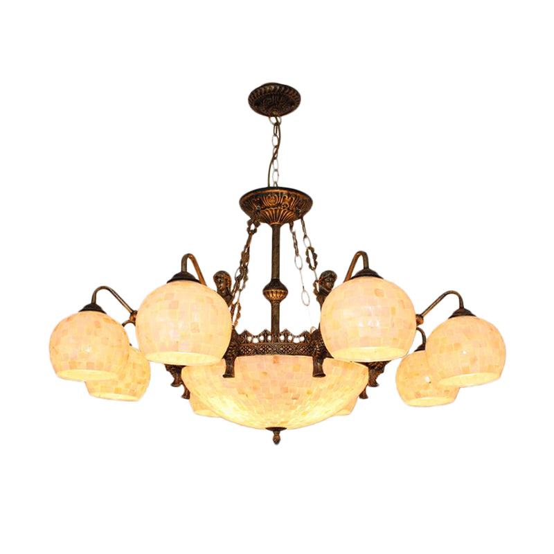 Bronze Spherical Shell Tiffany-Style Chandelier - 5/9/11-Light Suspension Ceiling Lighting