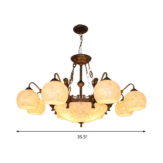 Bronze Spherical Shell Tiffany-Style Chandelier - 5/9/11-Light Suspension Ceiling Lighting