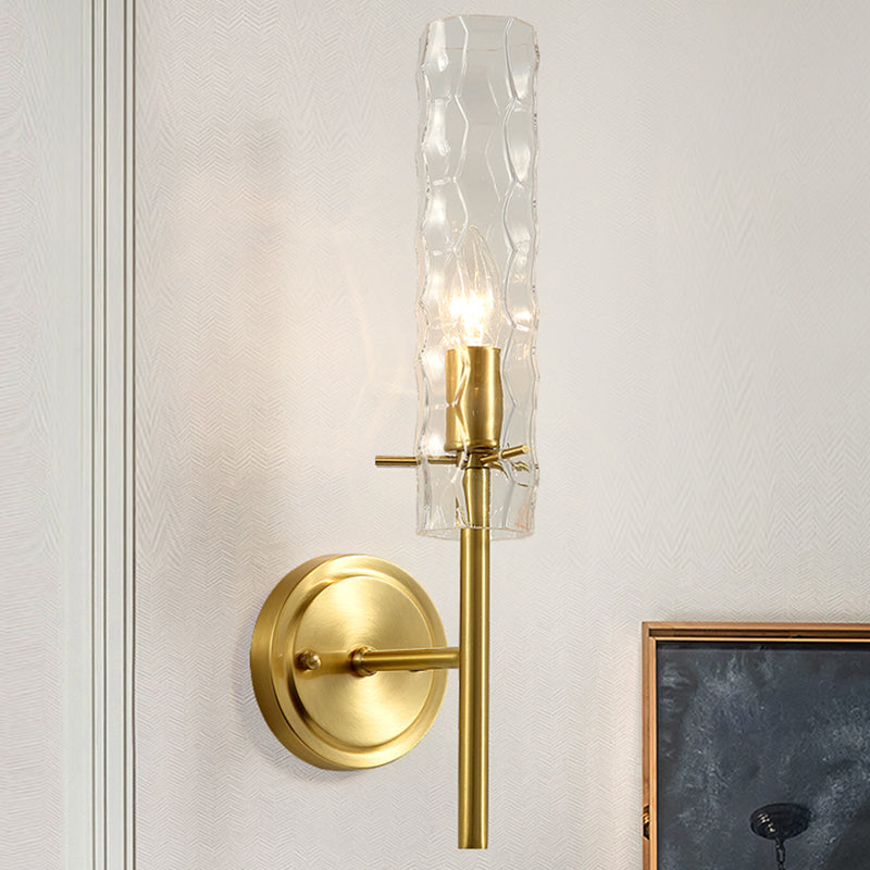 Dimpled Blown Glass Cylinder Wall Sconce - Modern 1 Bulb Brass Light Fixture