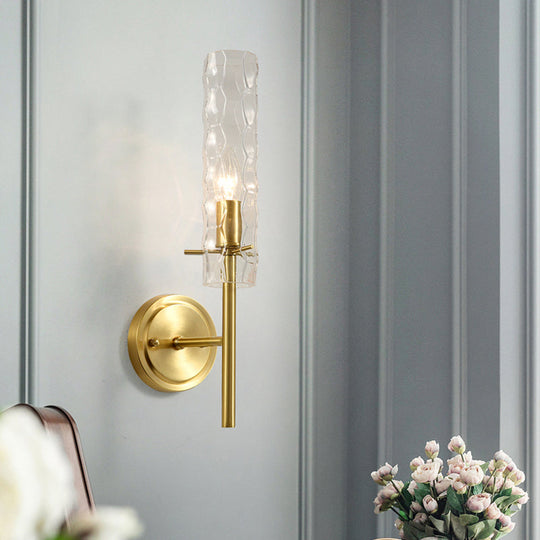 Dimpled Blown Glass Cylinder Wall Sconce - Modern 1 Bulb Brass Light Fixture