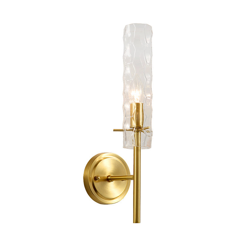 Dimpled Blown Glass Cylinder Wall Sconce - Modern 1 Bulb Brass Light Fixture