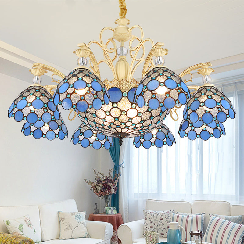 Blue Beaded Mediterranean Chandelier with Stained Art Glass Shade - 6/9/11 Lights Pendant for Bedroom