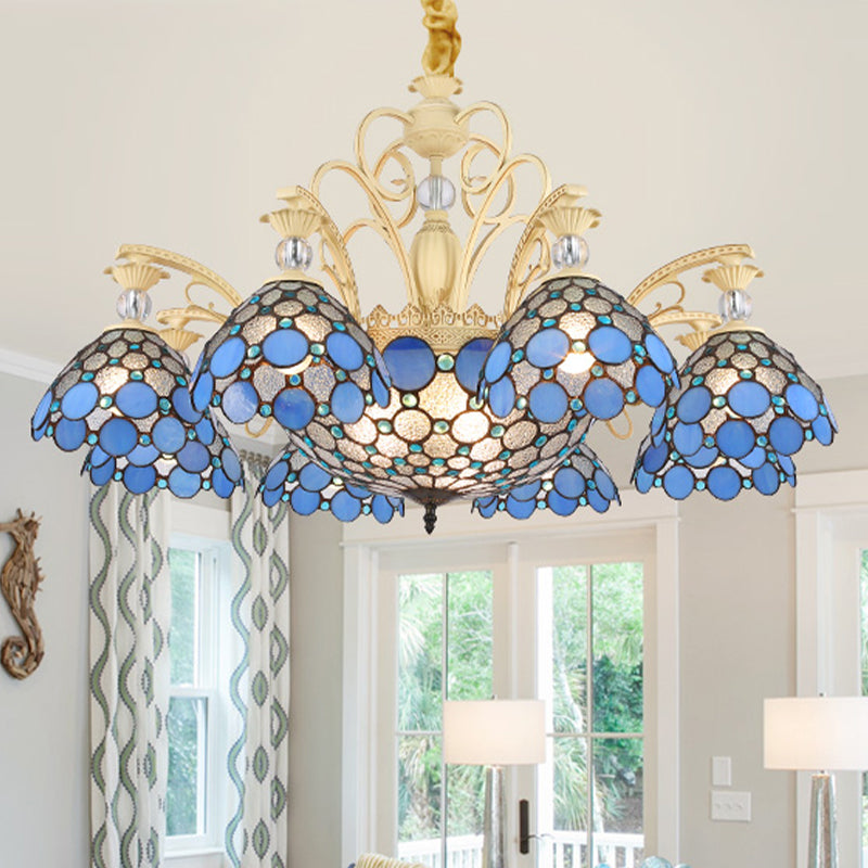 Blue Beaded Mediterranean Chandelier with Stained Art Glass Shade - 6/9/11 Lights Pendant for Bedroom