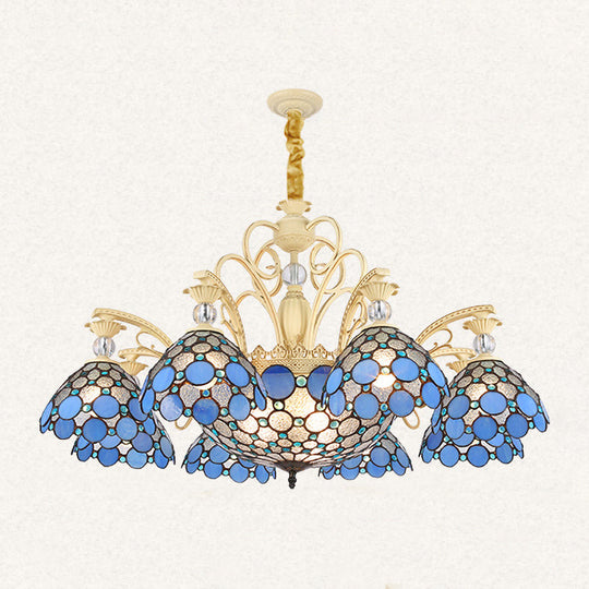 Blue Beaded Mediterranean Chandelier with Stained Art Glass Shade - 6/9/11 Lights Pendant for Bedroom