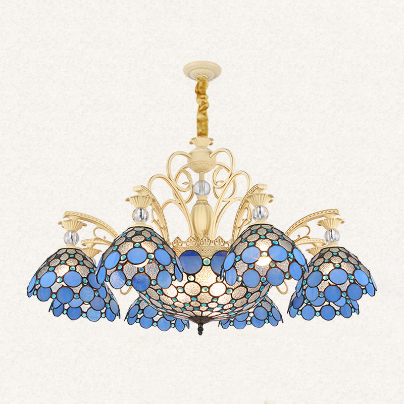 Mediterranean Stained Glass Pendant Light - Blue Beaded Chandelier With 6/9/11 Lights For Bedroom