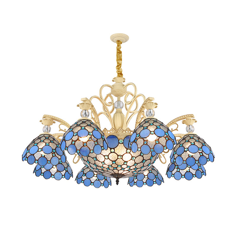 Blue Beaded Mediterranean Chandelier with Stained Art Glass Shade - 6/9/11 Lights Pendant for Bedroom