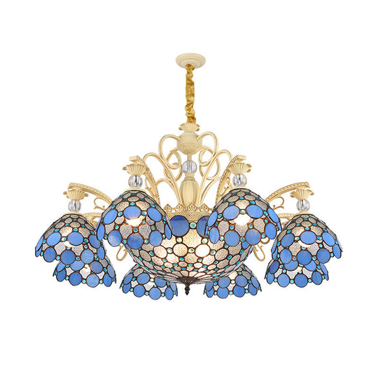 Blue Beaded Mediterranean Chandelier with Stained Art Glass Shade - 6/9/11 Lights Pendant for Bedroom