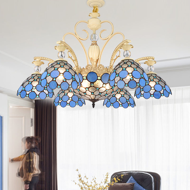 Blue Beaded Mediterranean Chandelier with Stained Art Glass Shade - 6/9/11 Lights Pendant for Bedroom