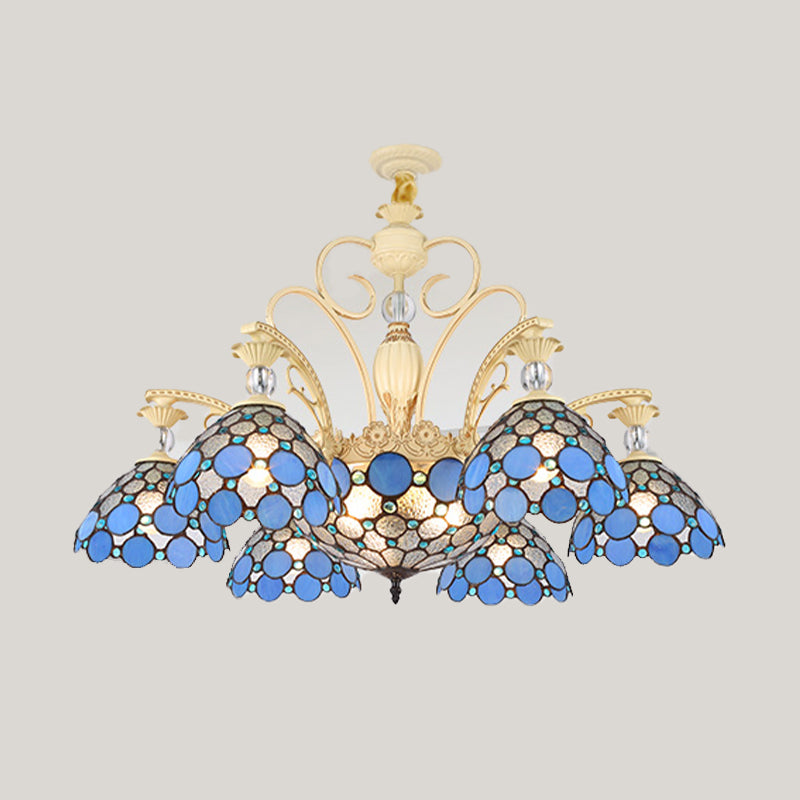 Blue Beaded Mediterranean Chandelier with Stained Art Glass Shade - 6/9/11 Lights Pendant for Bedroom