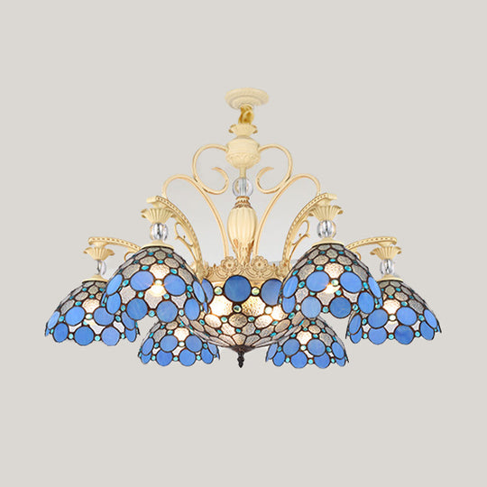 Blue Beaded Mediterranean Chandelier with Stained Art Glass Shade - 6/9/11 Lights Pendant for Bedroom