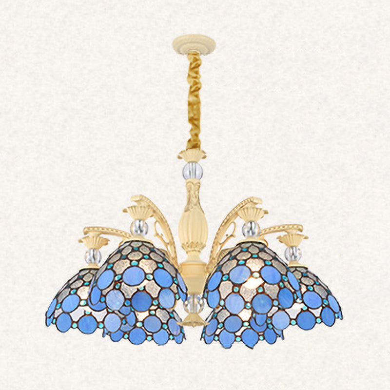 Blue Beaded Mediterranean Chandelier with Stained Art Glass Shade - 6/9/11 Lights Pendant for Bedroom