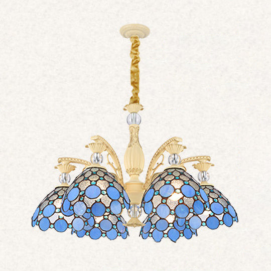 Blue Beaded Mediterranean Chandelier with Stained Art Glass Shade - 6/9/11 Lights Pendant for Bedroom