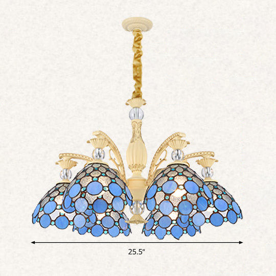 Blue Beaded Mediterranean Chandelier with Stained Art Glass Shade - 6/9/11 Lights Pendant for Bedroom