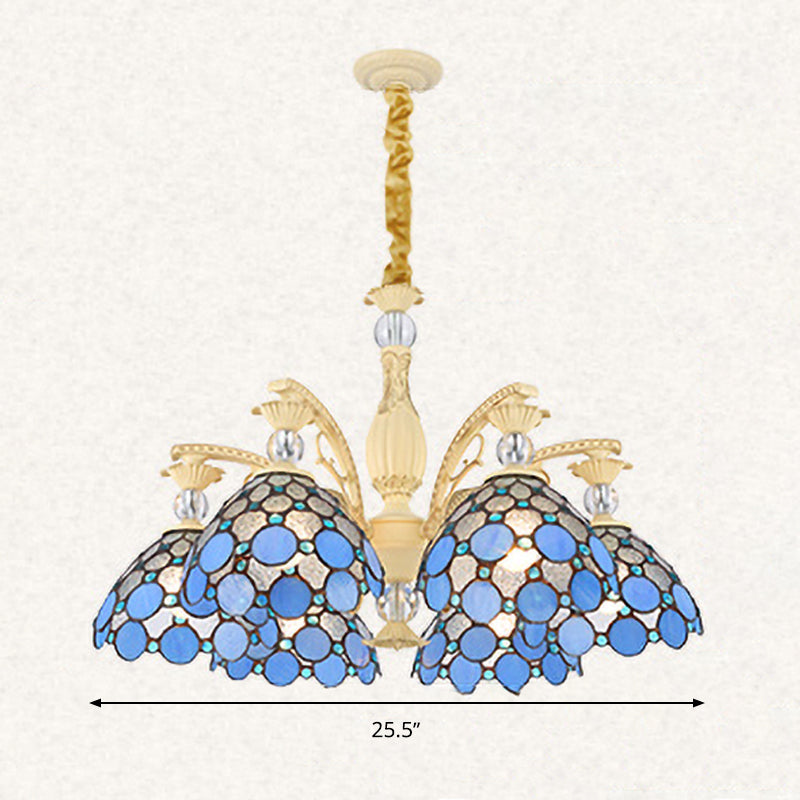 Mediterranean Stained Glass Pendant Light - Blue Beaded Chandelier With 6/9/11 Lights For Bedroom