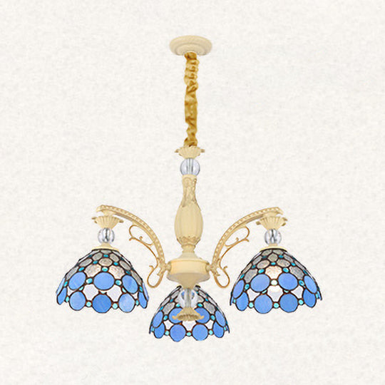 Blue Beaded Mediterranean Chandelier with Stained Art Glass Shade - 6/9/11 Lights Pendant for Bedroom