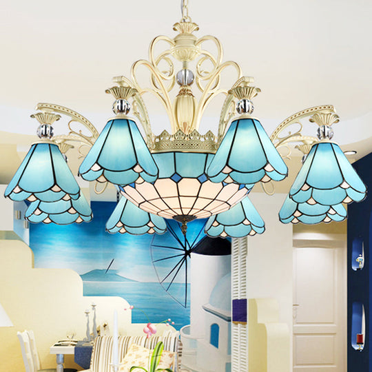 Blue Glass Chandelier Light Baroque Conical Suspension Fixture - Ideal For Kitchen