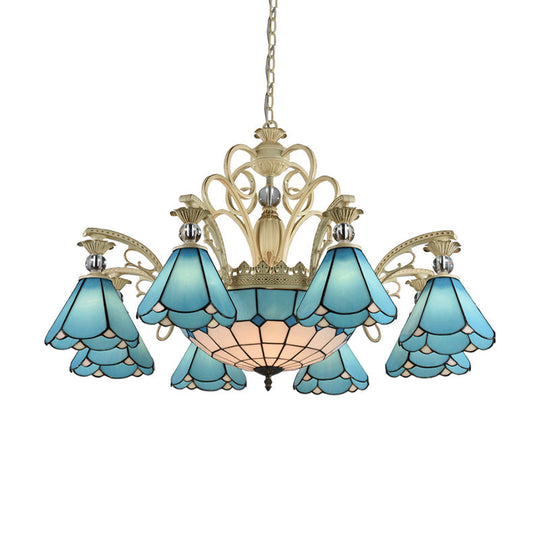 Blue Glass Conical Chandelier for Kitchen with 9/11 Lights