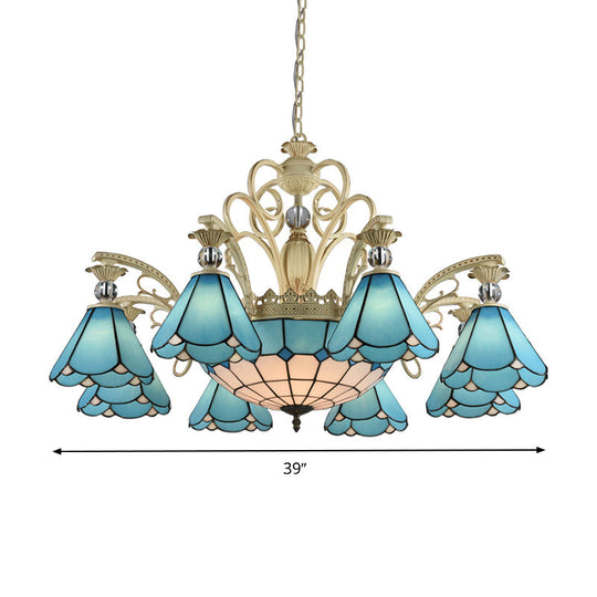 Blue Glass Conical Chandelier for Kitchen with 9/11 Lights