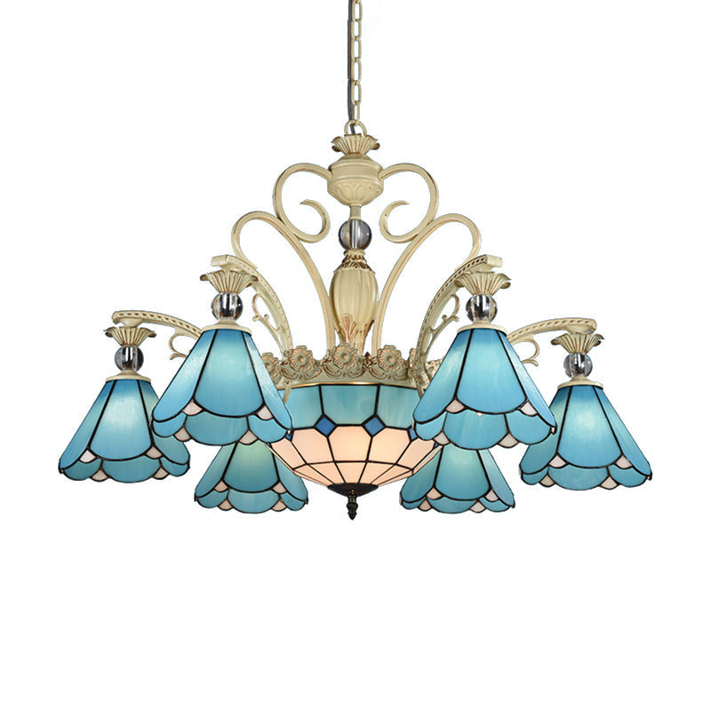 Blue Glass Conical Chandelier for Kitchen with 9/11 Lights