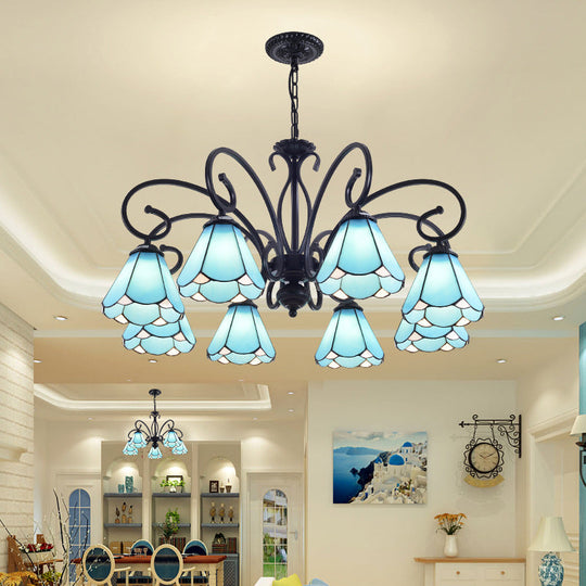 Tiffany Style Blue Glass Chandelier with Black Frame and Multiple Lights