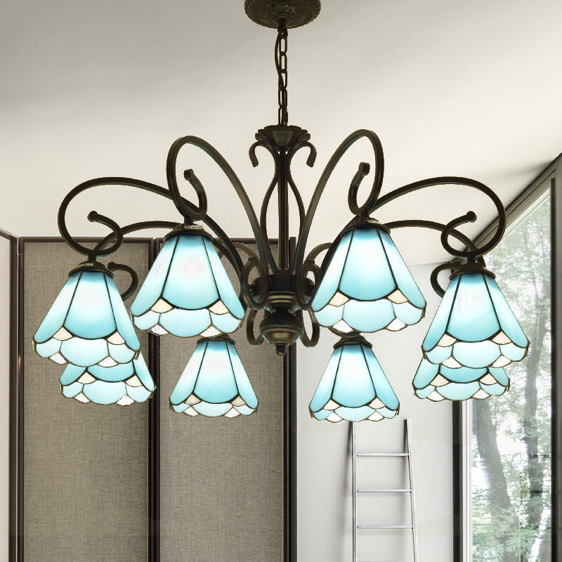 Tiffany Style Blue Glass Chandelier with Black Frame and Multiple Lights