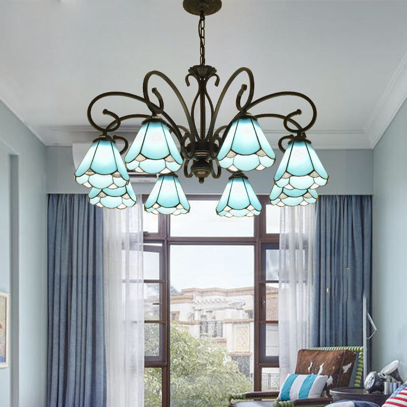 Tiffany Style Blue Glass Chandelier with Black Frame and Multiple Lights