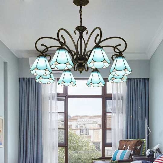 Tiffany Style Blue Glass Cone Chandelier Light Fixture - 5/6/8 Lights Black Elegant Hanging Lamp Kit