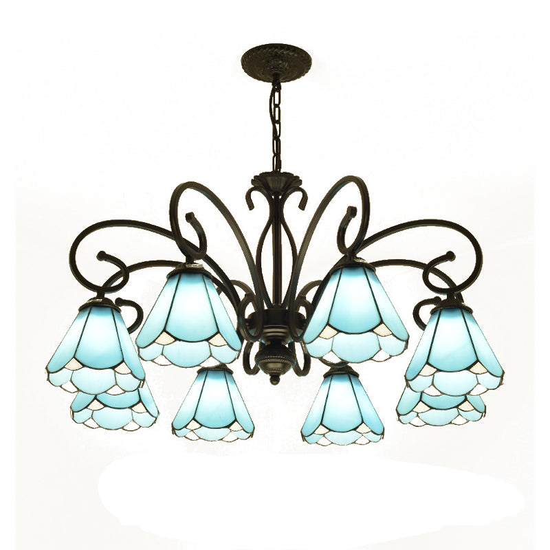 Tiffany Style Blue Glass Chandelier with Black Frame and Multiple Lights