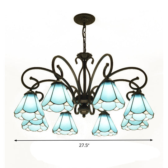 Tiffany Style Blue Glass Cone Chandelier Light Fixture - 5/6/8 Lights Black Elegant Hanging Lamp Kit