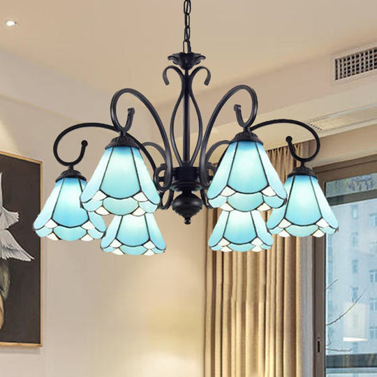 Tiffany Style Blue Glass Chandelier with Black Frame and Multiple Lights