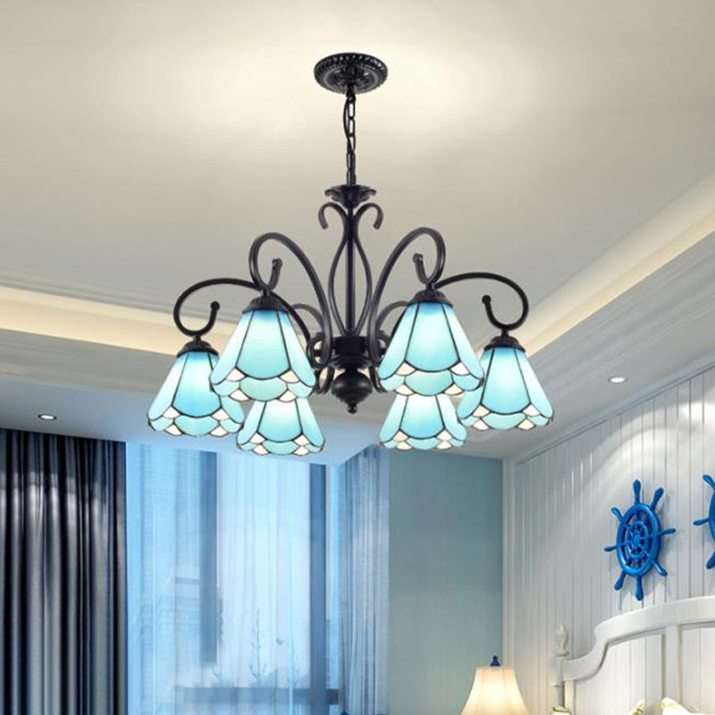 Tiffany Style Blue Glass Cone Chandelier Light Fixture - 5/6/8 Lights Black Elegant Hanging Lamp Kit