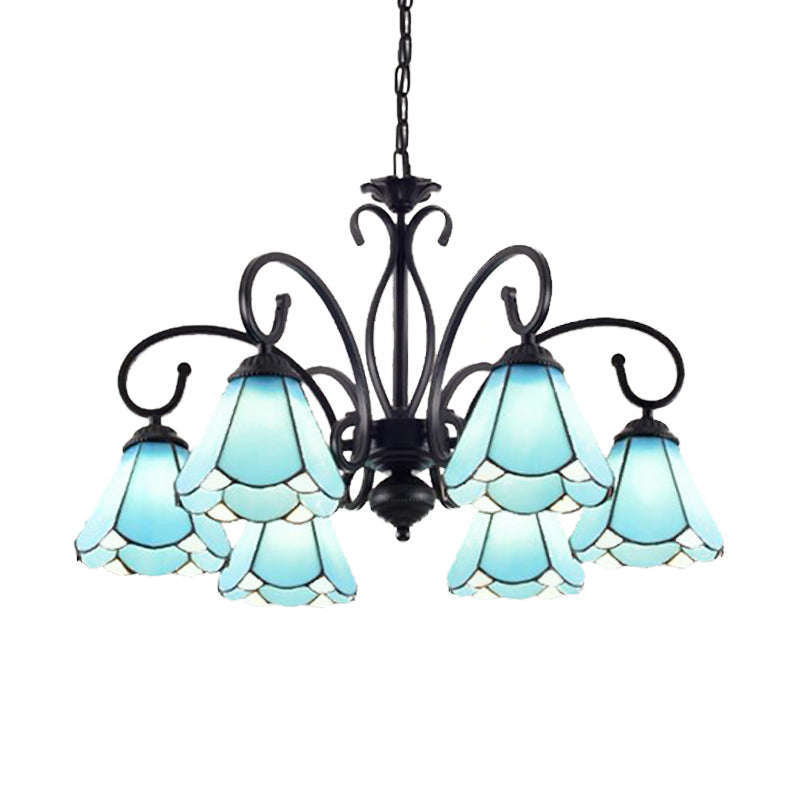 Tiffany Style Blue Glass Chandelier with Black Frame and Multiple Lights