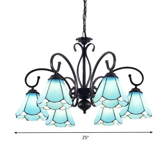 Tiffany Style Blue Glass Chandelier with Black Frame and Multiple Lights