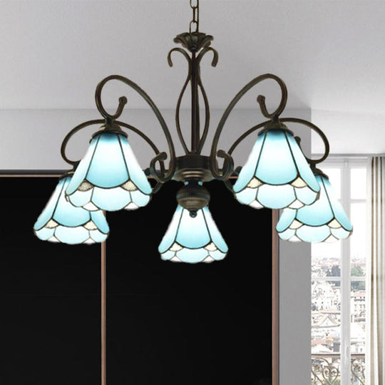 Tiffany Style Blue Glass Chandelier with Black Frame and Multiple Lights