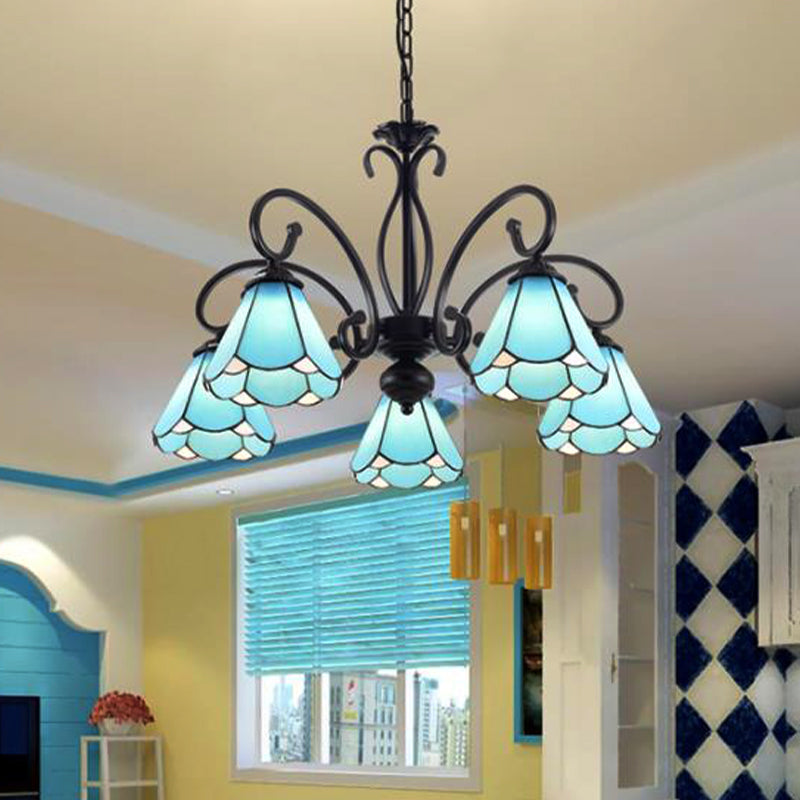 Tiffany Style Blue Glass Chandelier with Black Frame and Multiple Lights