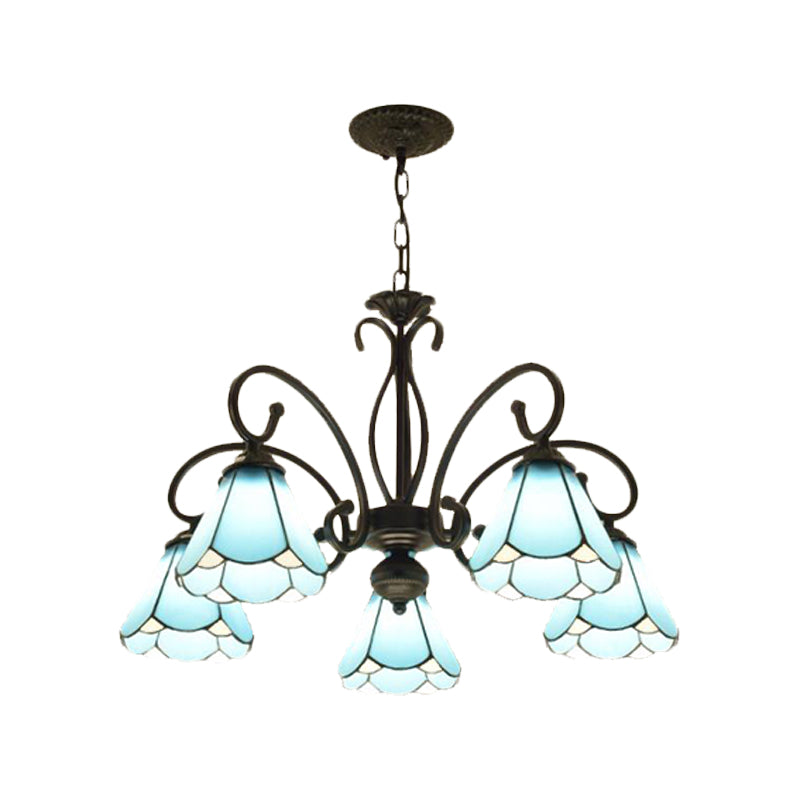 Tiffany Style Blue Glass Chandelier with Black Frame and Multiple Lights