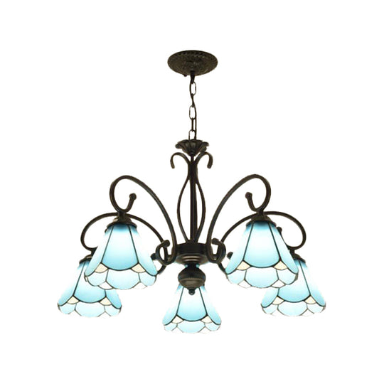 Tiffany Style Blue Glass Chandelier with Black Frame and Multiple Lights