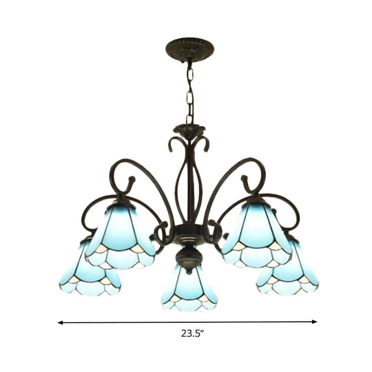 Tiffany Style Blue Glass Chandelier with Black Frame and Multiple Lights