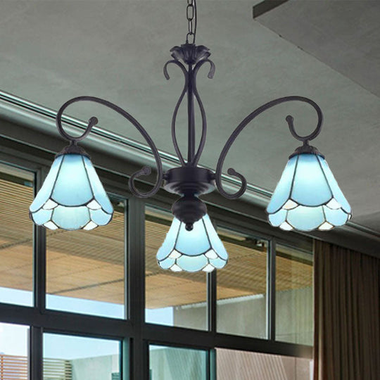 Tiffany Style Blue Glass Cone Chandelier Light Fixture - 5/6/8 Lights Black Elegant Hanging Lamp Kit