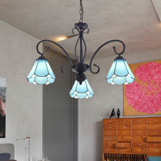 Tiffany Style Blue Glass Cone Chandelier Light Fixture - 5/6/8 Lights Black Elegant Hanging Lamp Kit