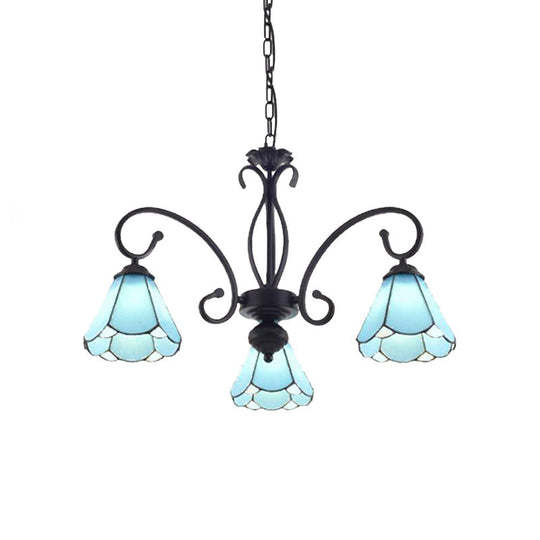 Tiffany Style Blue Glass Chandelier with Black Frame and Multiple Lights